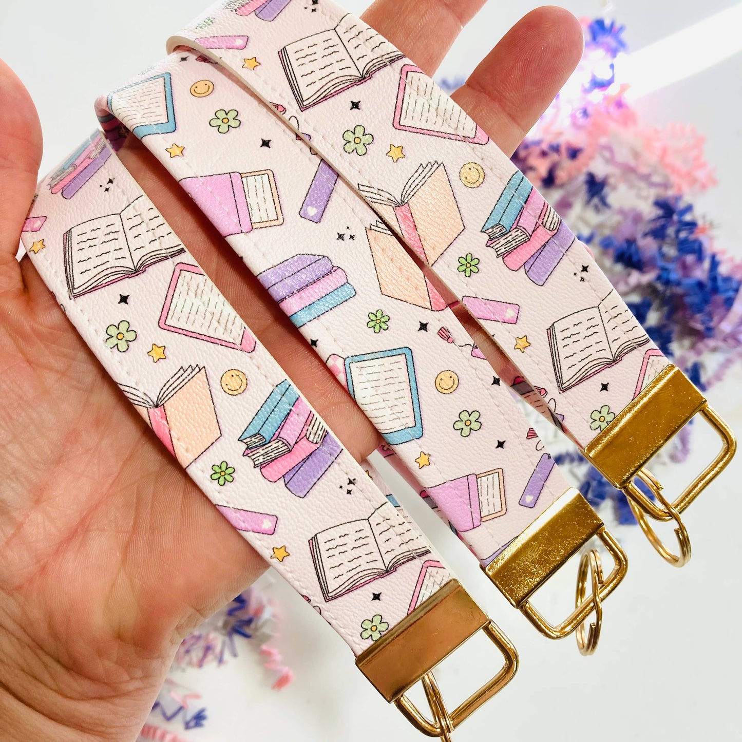 Pastel Bookish Leatherette Wristlet Keychain