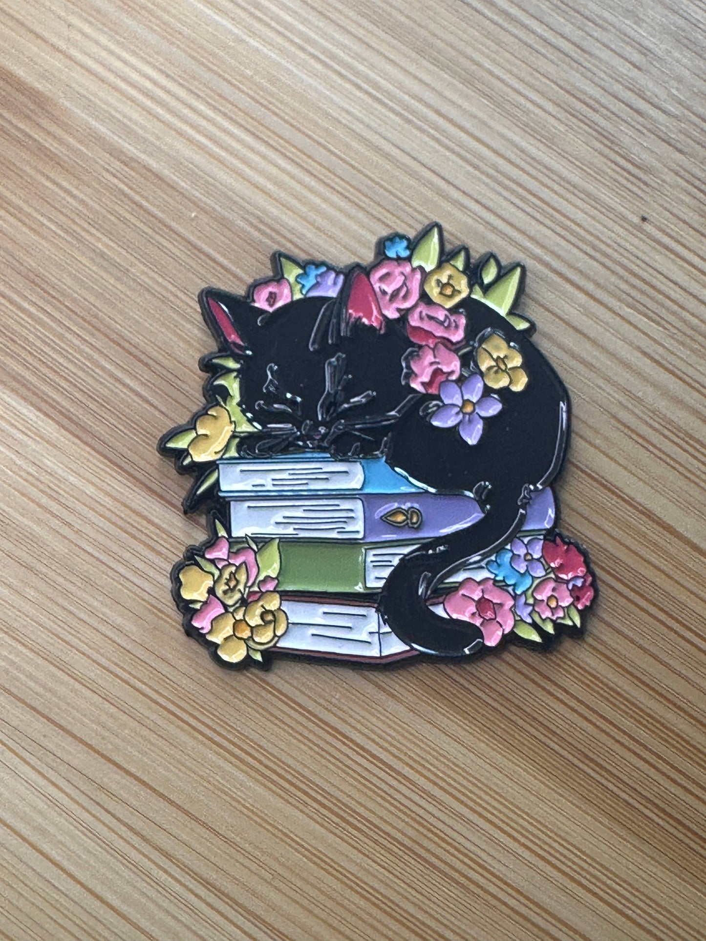 Black Cat Book Stack Enamel Pin