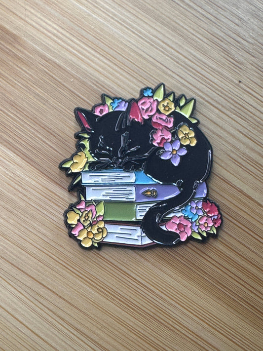 Black Cat Book Stack Enamel Pin