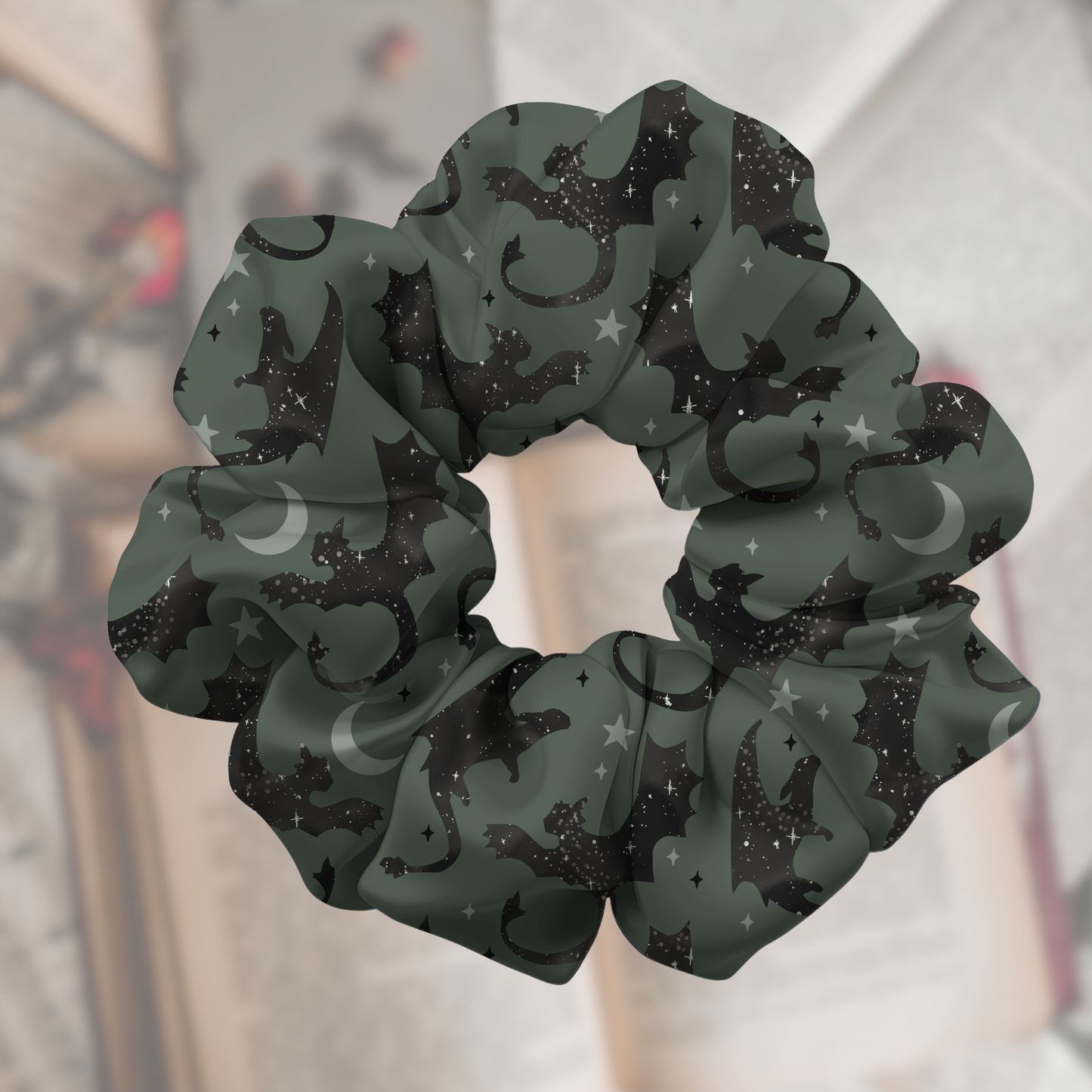 Fantasy Reader Green Dragon Satin Scrunchie