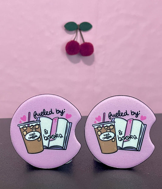 Fueled by Iced Coffee and Books Car Coaster- Set of 2