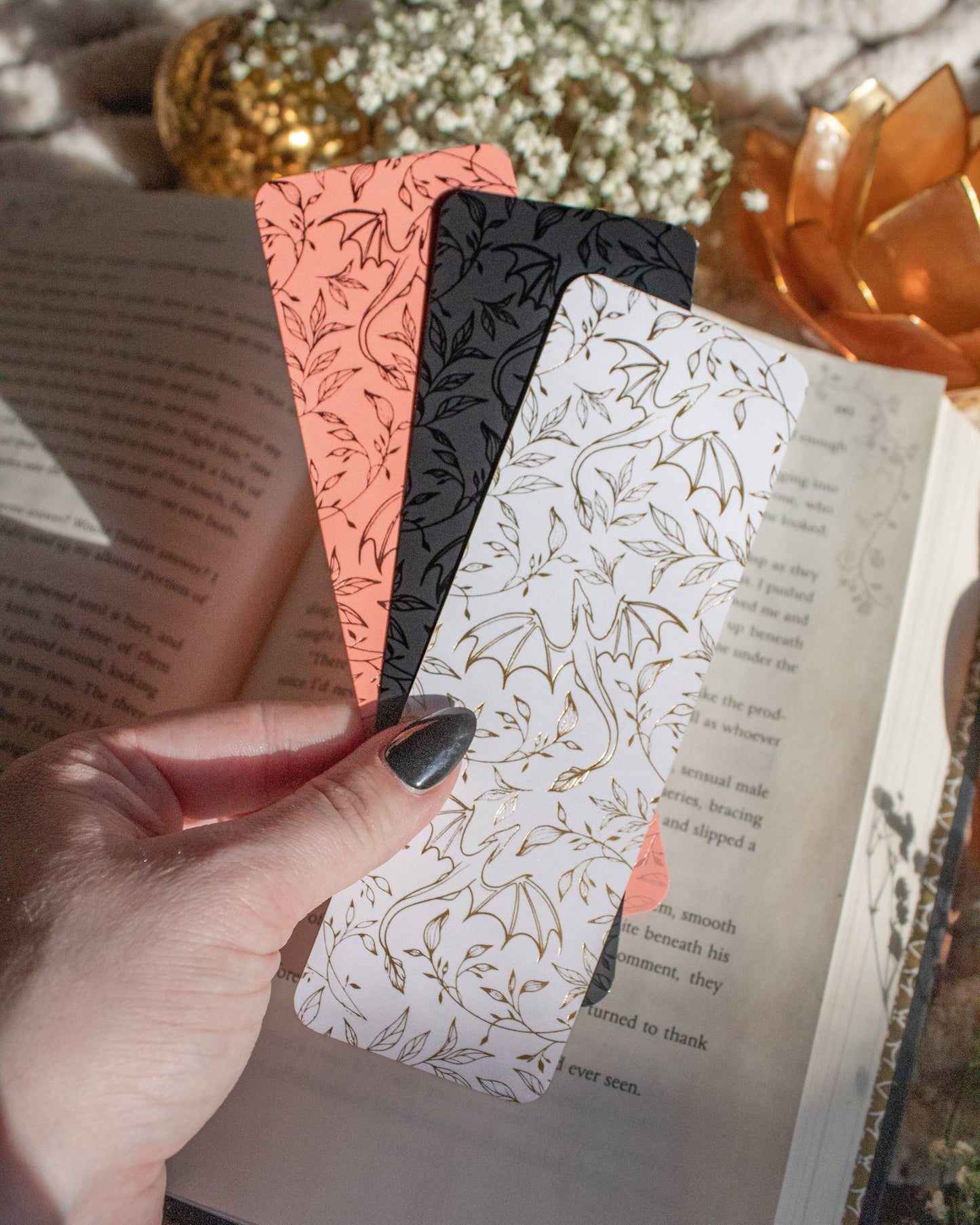 Black on Black Floral Dragons Bookmark | Soft Touch