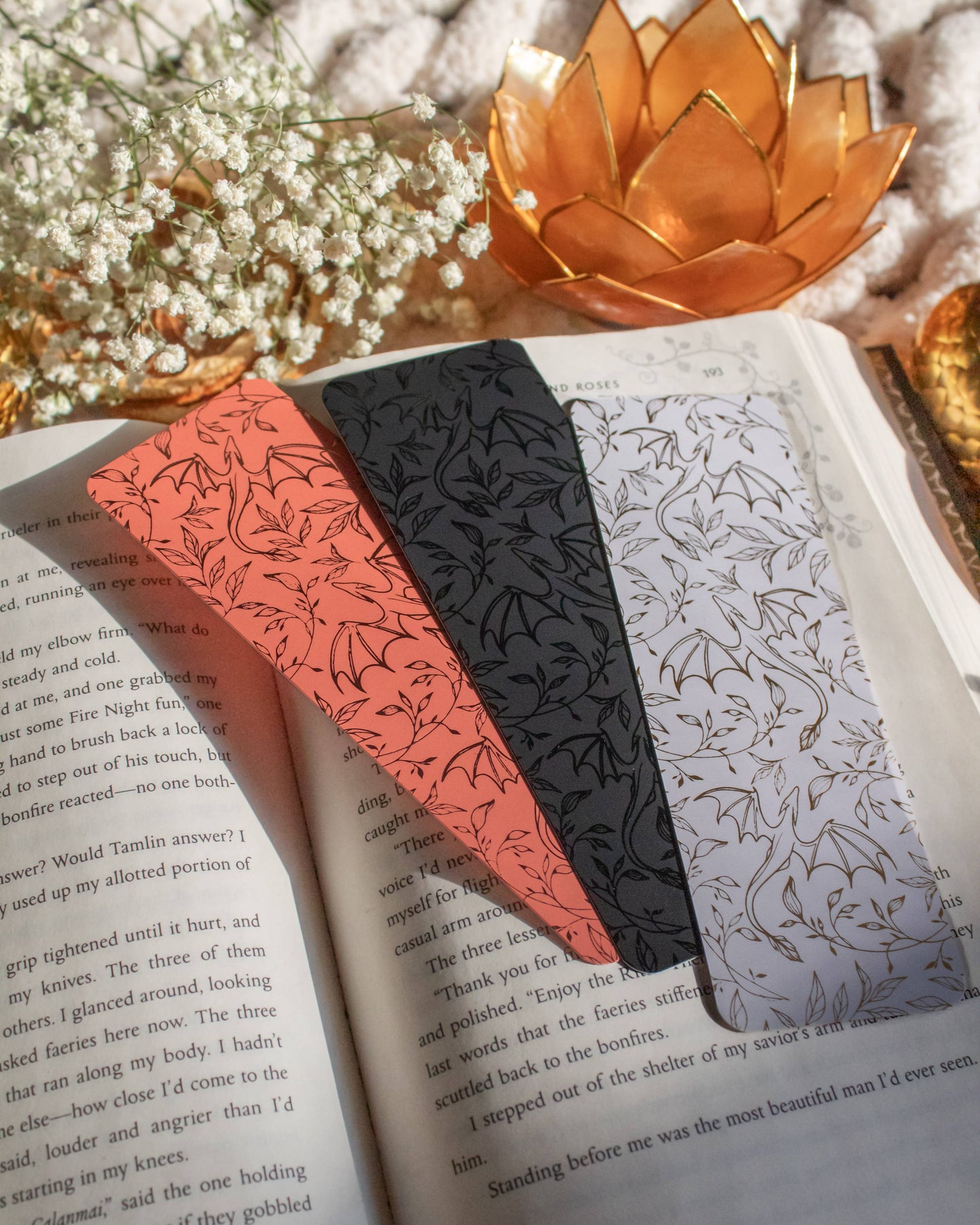 Black on Black Floral Dragons Bookmark | Soft Touch