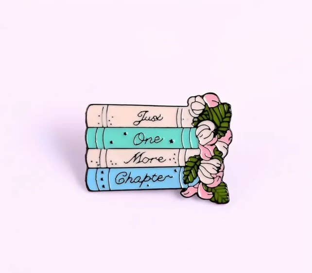 Just One More Chapter Enamel Pin - Book Stack and Flowers