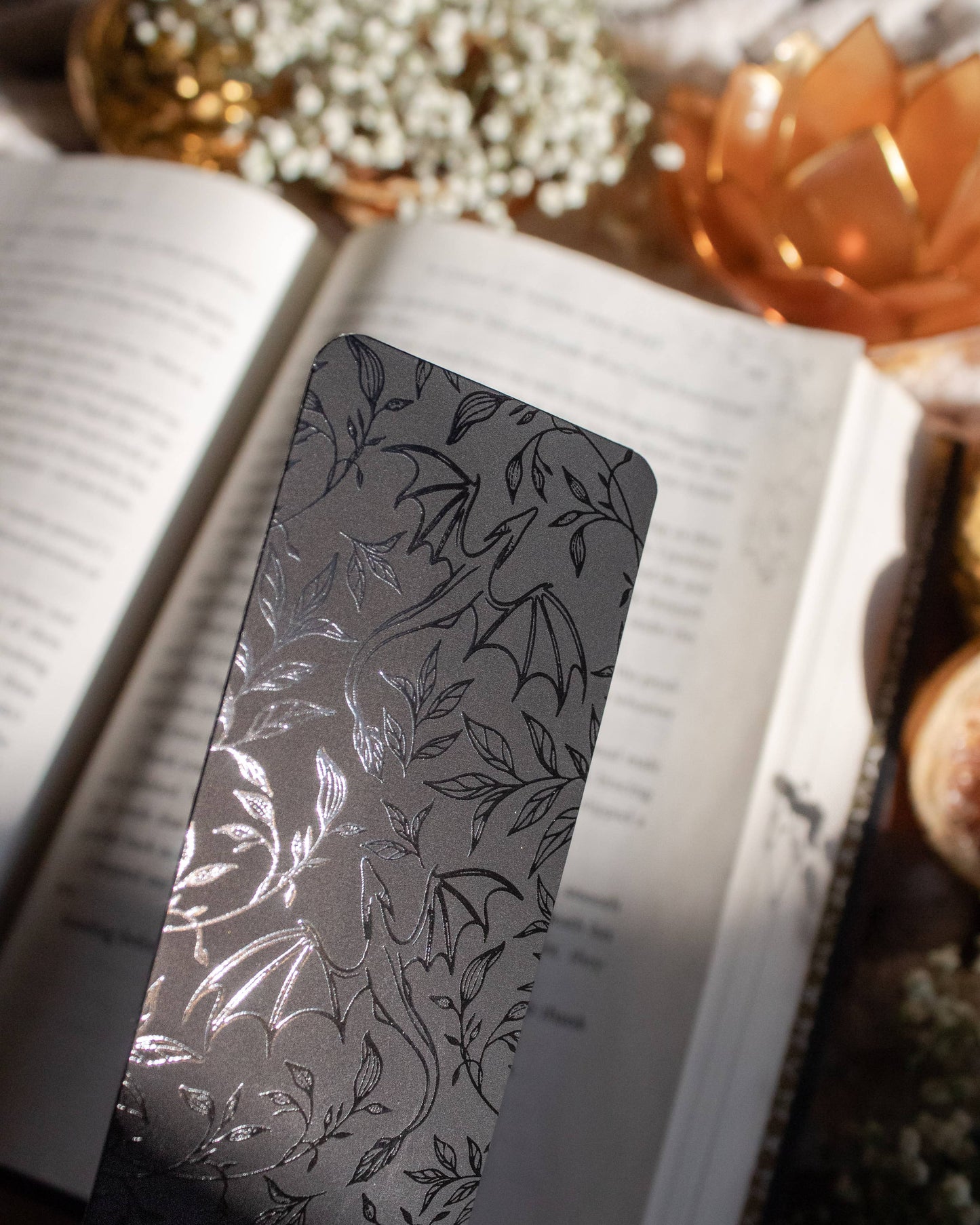 Black on Black Floral Dragons Bookmark | Soft Touch